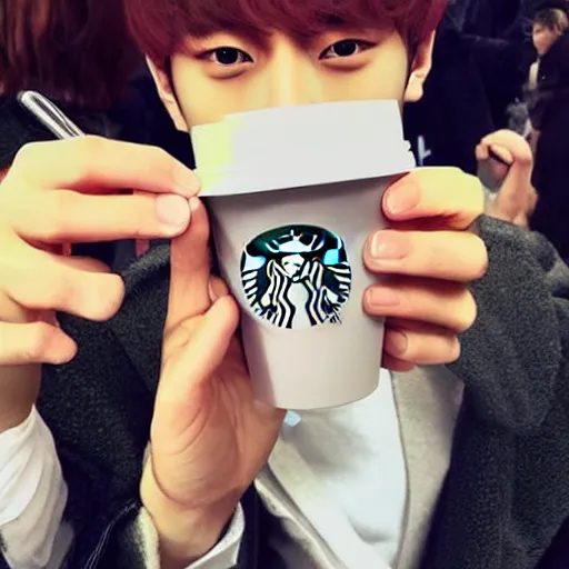 Image similar to V Kim Taehyung from BTS getting Starbucks, photorealistic, highly detailed,