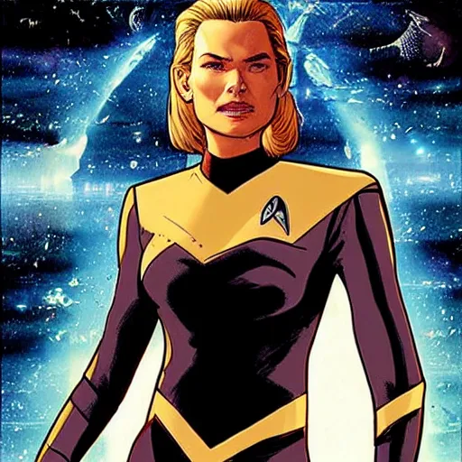 Image similar to rebecca romijn as number one, star trek strange new worlds, intricate, elegant, highly detailed, smooth, sharp focus, full body, visible face, detailed face, high contrast, dramatic lighting, graphic novel, art by Ardian Syaf and Pepe Larraz,
