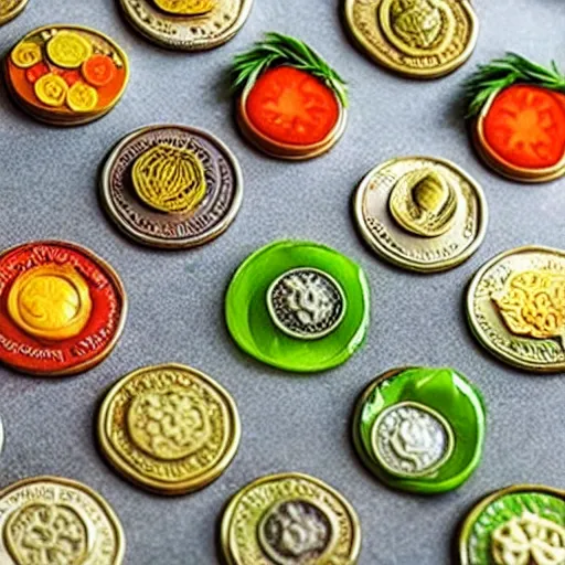 Image similar to edible coins made of vegetables, finely chopped vegetables in the shape of coins