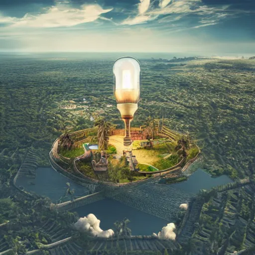 Image similar to a castle surrounded by giant palm trees on a giant floating island in the sky, giant light bulb glowing in the sky, cinematic, digital art by erik johansson, 8 k resolution, hyper detailed, sharp focus