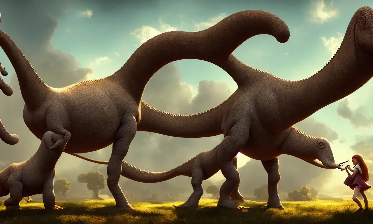 Prompt: cute girl feeding brontosaurus, dramatic pose, high details, raytracing, back light, raymarching, by ilm, by digital domain, by weta digital