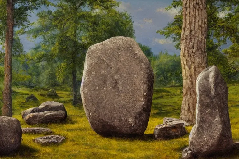 Prompt: runestone, megalithic, monument, nature, trees, focused, centered, very detailed, norse, histor, oil painting