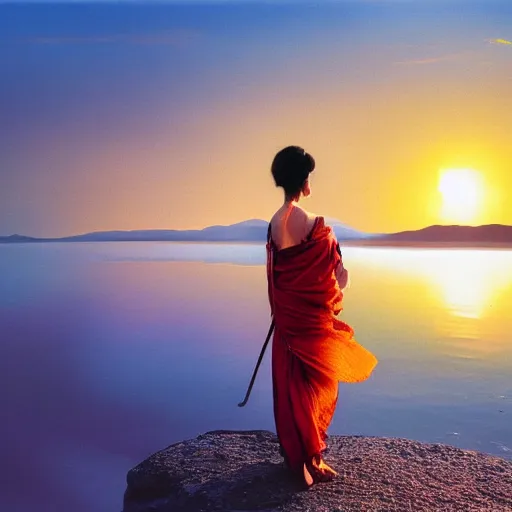 Prompt: Photo of the most beautiful woman, she is posing, she is walking on a river, she is getting ulluminated by the rays of the sunset, the photo was taking by Steve McCurry, matte painting, oil painting, naturalism, 4k, 8k