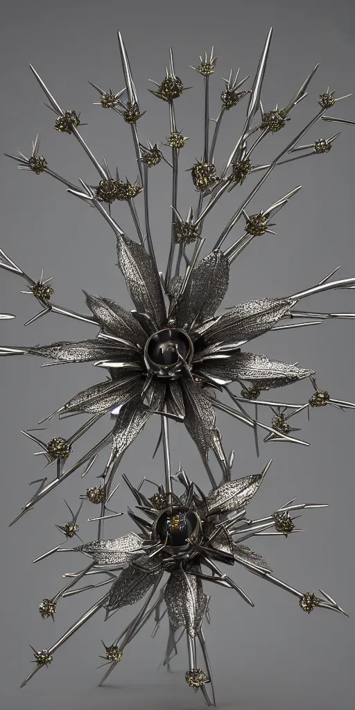 Image similar to 3 d photographic render of asymmetric metallic flower sculpture with thorns, bioluminescent chrometype, made of liquid metal, neotribal with thorns and thunders, cyberpunk, raytracing, hyper realistic, volumetric lightning, 8 k, by zhelong xu and ouchh studio