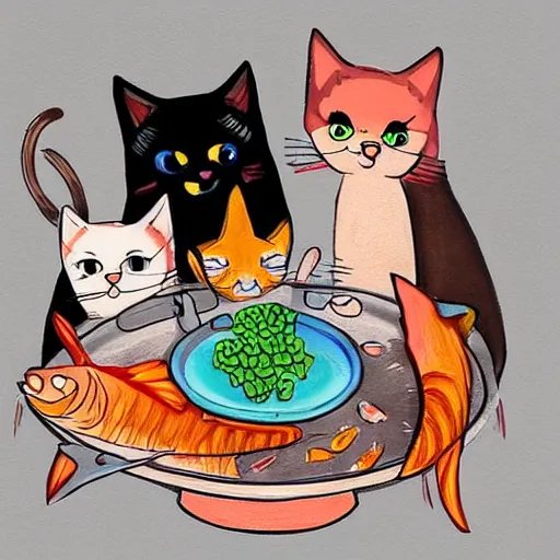 Prompt: cats slicing open fish on a platter in maiden outifts. Cute drawing, colorful deep meaning trending on artstation.