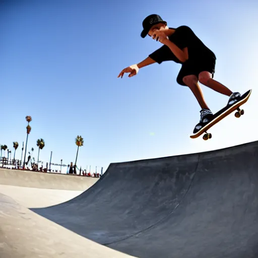 Image similar to skater wearing nike sb dunks doing a kickflip at the venice beach skatepark