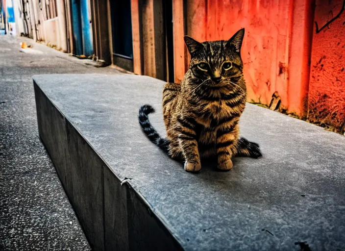 Image similar to photography of a Cat sitting on a box. in a cyberpunk street, award winning photo, colors, 100mm, sharp, high res