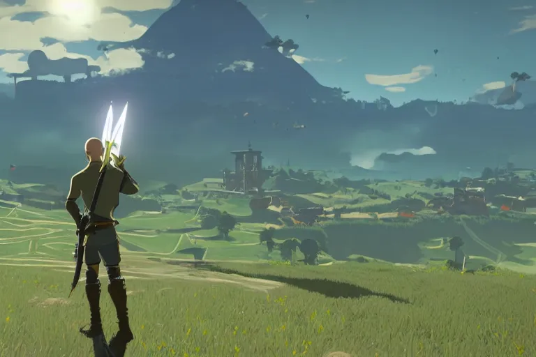 Image similar to agent 4 7 holding master sword in botw, breath of the wild screenshot