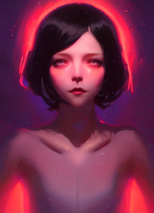 Image similar to full body beautiful and attractive and aesthetic azathoth girl greeting, very slightly smiling at the camera, perfect face, fantasy cosmic horror, symmetric eyes, sharp focus, specular reflection, occlusion shadow, artstation, by ilya kuvshinov and jeremy lipking, light novel cover art, 3 d epic illustrations, symmetric body, model pose