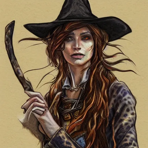 Prompt: beautiful cowboy witch, wild west, detailed, concept art, colored pencil drawing, trending on artstation