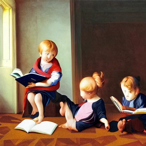 Prompt: minimalist full lenght portrait of beautiful hyperrealistic children reading books in a maximalist futuristic room. seen from the distance in the style of Caravaggio with flemish baroque vibrant shiny textures in soft pastel tones. matte background. HD 8x