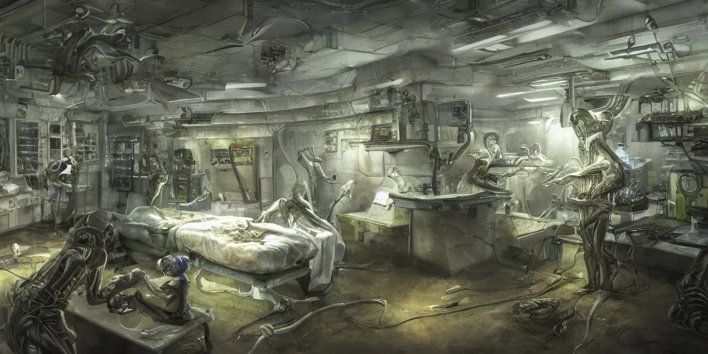 Prompt: Alien autopsy inside a secret Bio hazard Level 4 Research laboratory by John Howe, realistic, highly detailed, Artstation,