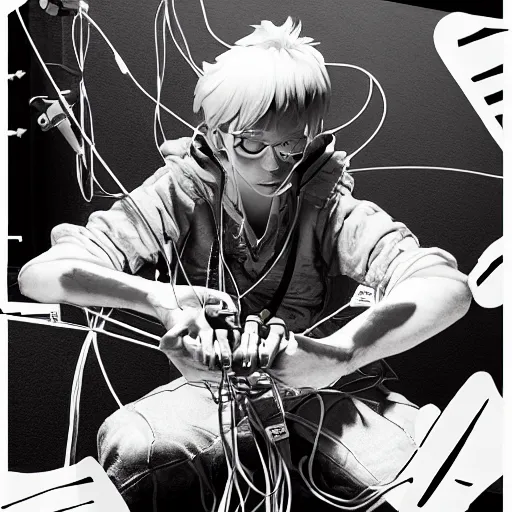 Image similar to RPG character concept art, modular synth musician patching cables, wires flying in the air, in the style of Jamie Hewlett Hiroya Oku Riyoko Ikeda, 3d render, artstation trending, 8k, octane render, photorealistic, sharp detail, manga, black and white