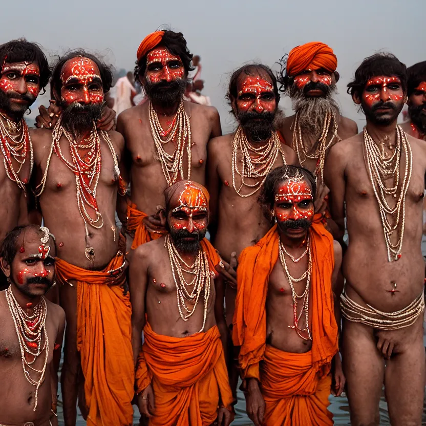 Prompt: a group of sadhus bathing in the ganges in allahabad during the maha kumbh mela, india, face paint, skull jewelry, highly composed, iintricate detail, cinematic, dramatic lighting