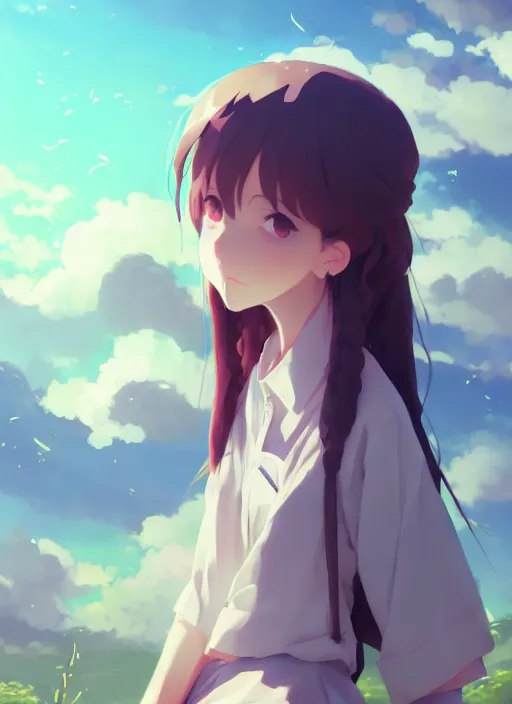 Image similar to portrait of cute girl, cloudy sky background lush landscape illustration concept art anime key visual trending pixiv fanbox by wlop and greg rutkowski and makoto shinkai and studio ghibli