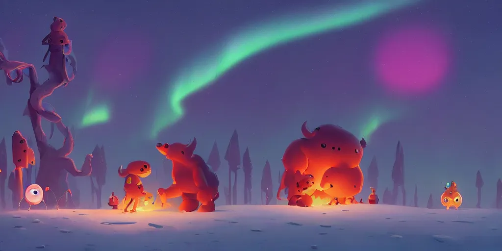 Prompt: cute monsters and Aurora borealis by Goro Fujita and Simon Stalenhag , 8k, trending on artstation, hyper detailed, cinematic