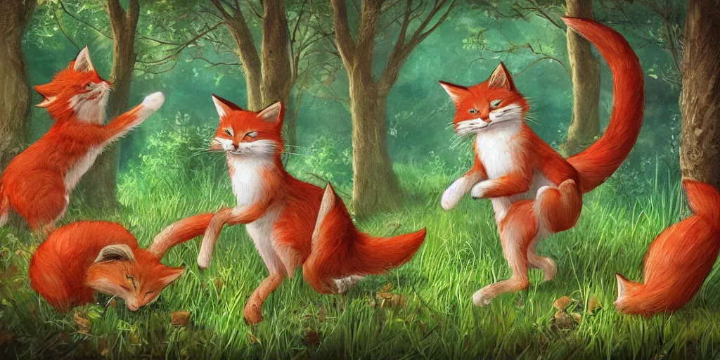 Prompt: cats and foxes dancing together in the forest, surrounded by trees, blue birds and red birds, long grass, moss and rocks, fantasy art, artstation