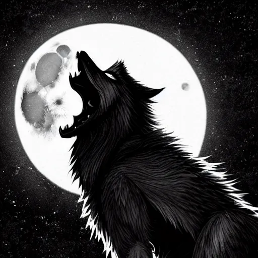 Image similar to werewolf howling at the full moon, side angle, artstation, highly detailed, intricate, black and white