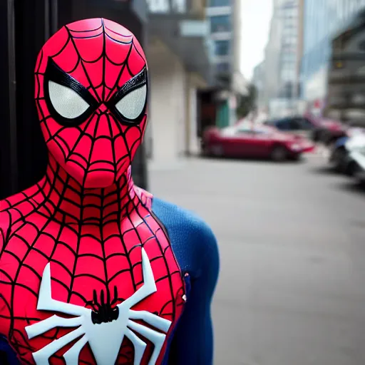 Image similar to spiderman standing in line at starbucks, photorealistic