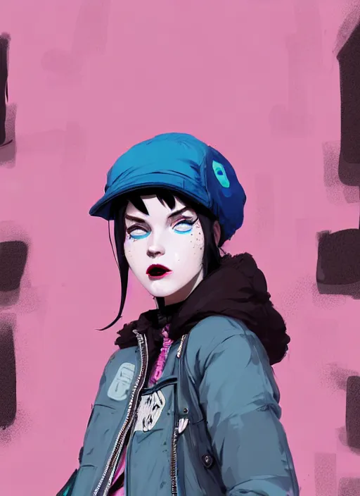 Image similar to highly detailed portrait of a street punk lady student, blue eyes, bubble jacket, hat, white hair by atey ghailan, by greg rutkowski, by greg tocchini, by james gilleard, by joe fenton, by kaethe butcher, gradient pink, black, brown and light blue color scheme, grunge aesthetic!!! ( ( graffiti tag wall background ) )