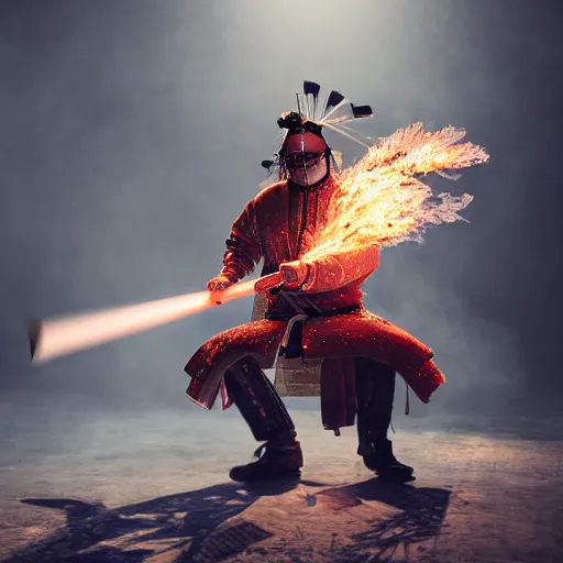 Image similar to japanese samurai disintegrating into crystals wielding a flaming katana, volumetric lighting, dynamic composition, hyper detailed, ultra realistic, sharp focus, octane render, concept art