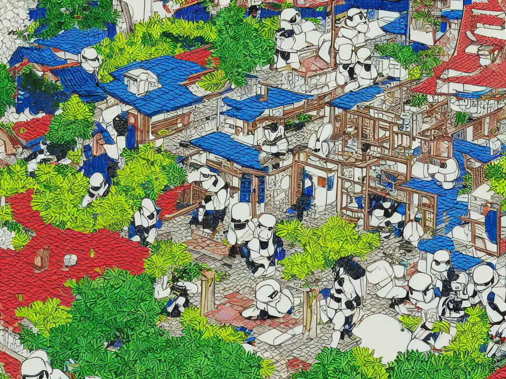 Image similar to super - detailed close - up image of one japanese house with a garden, pond, five stormtroopers sitting around it, in style of pop - art, andy warho style, roy lichtenstein style, jackie tsa stylei, bright palette, acrylic on canvas