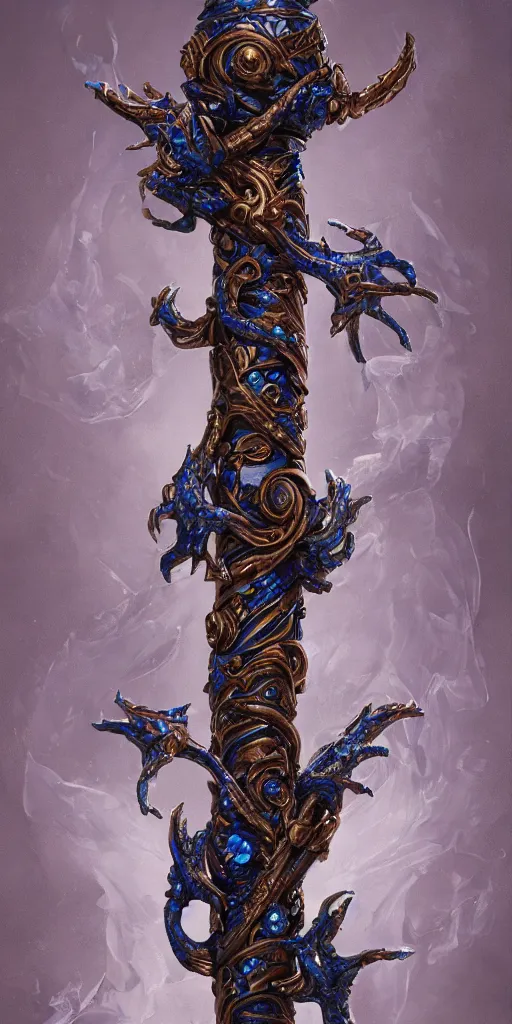 Prompt: an ornate and royal twisted ornate carved wooden wizards staff weapon with a radiant blue crystal held in a claw on top, hovering, hyper realism, realistic shading, cinematic composition, blender render, hdr, detailed textures, photorealistic, 3 5 mm film, fantasy greg rutkowski digital painting, giger