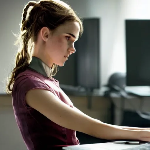 Image similar to a girl who is a mix of emma watson and scarlett johansson and nathalie portman, using a device to connect herself to a computer through an usb cable and a port in her arm, cables, it, very detailled, by david rutkowski