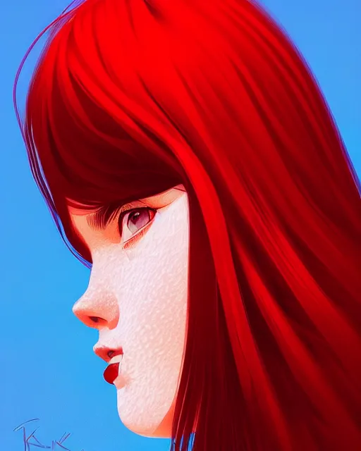 Image similar to a detailed portrait of a beautiful!! woman with red hair and freckles by ilya kuvshinov, digital art, dramatic lighting, dramatic angle