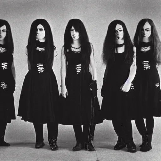 Image similar to group of 2 1 - year - old girls dressed like black sabbath, female rock band, proto - metal, doom metal band promo, 1 9 7 0 photograph