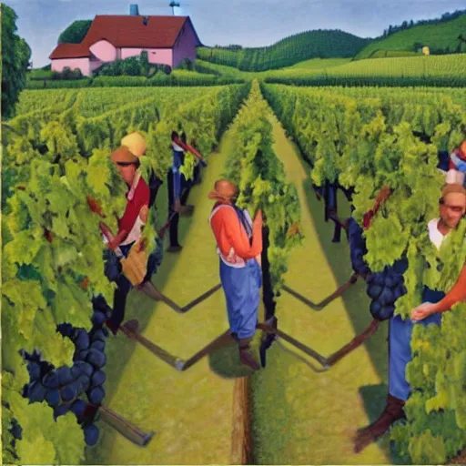 Image similar to Hyperrealism traditional austrian vineyard with workers, painting by MC Escher