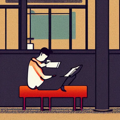 Prompt: a beautiful illustration of a man reading a book in coffee shop corner. by tomhaugomat