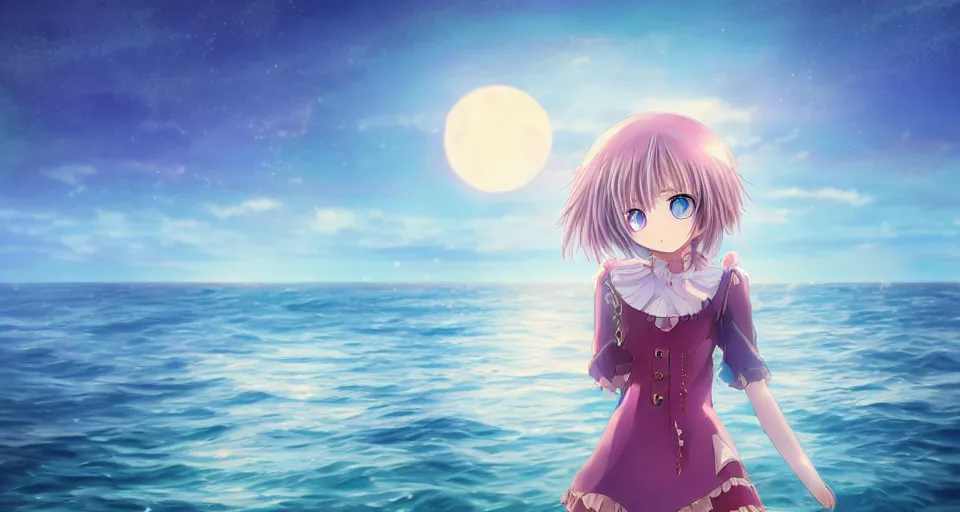 Image similar to one anime girl standing on a pier with the ocean as background at twilight, her blue shiny detailed eyes are looking at the camera, cute, big moon above the water, colorful, magical, detailed face, small nose and mouth, 8k, based on Puella Magi Madoka Magica