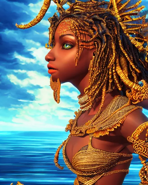 Prompt: a beautiful illustration of an orisha god, intricate and detailed, beautiful sea in the background, epic sky, vray render, artstation, deviantart, pinterest, 5 0 0 px models