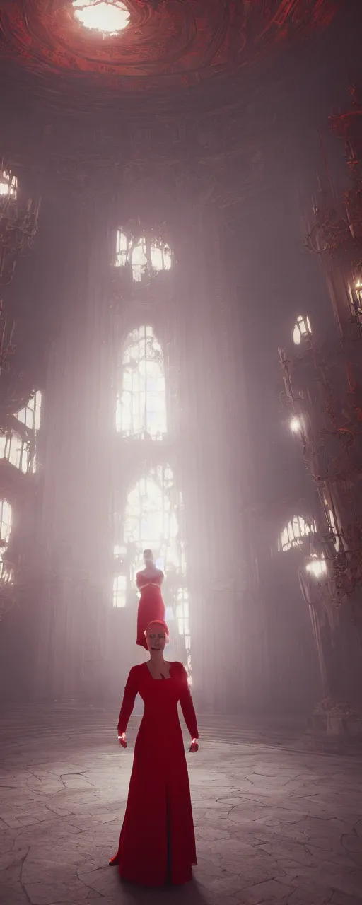 Image similar to woman with red hair and white gown stands in the middle of the castle room emitting a red light. Octane Render, Unreal engine, Realism, Detailed, 8k, V-Ray