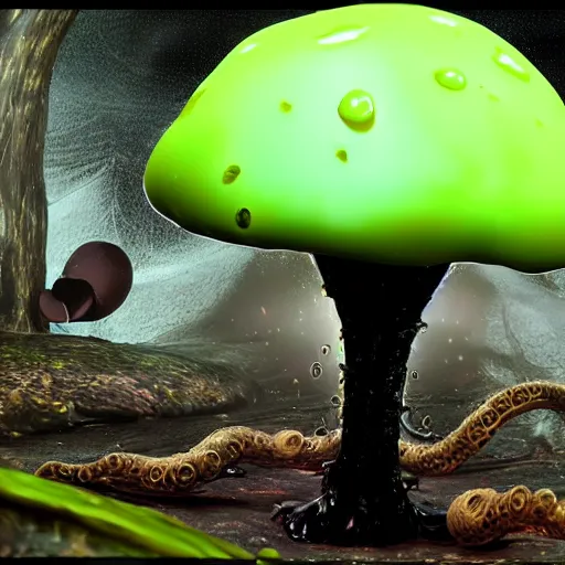 Image similar to an alien mushroom with tentacles, oozing black goo, melty, drippy, unreal engine