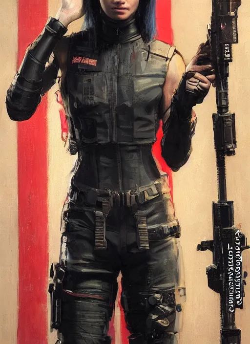 Image similar to Nikki tanaka. beautiful cyberpunk female USN marine wearing a military vest and a black and pink tactical jumpsuit (cyberpunk 2077, bladerunner 2049). gorgeous face. Iranian orientalist portrait by john william waterhouse and Edwin Longsden Long and Theodore Ralli and Nasreddine Dinet, oil on canvas. Cinematic, hyper realism, realistic proportions, dramatic lighting, high detail 4k