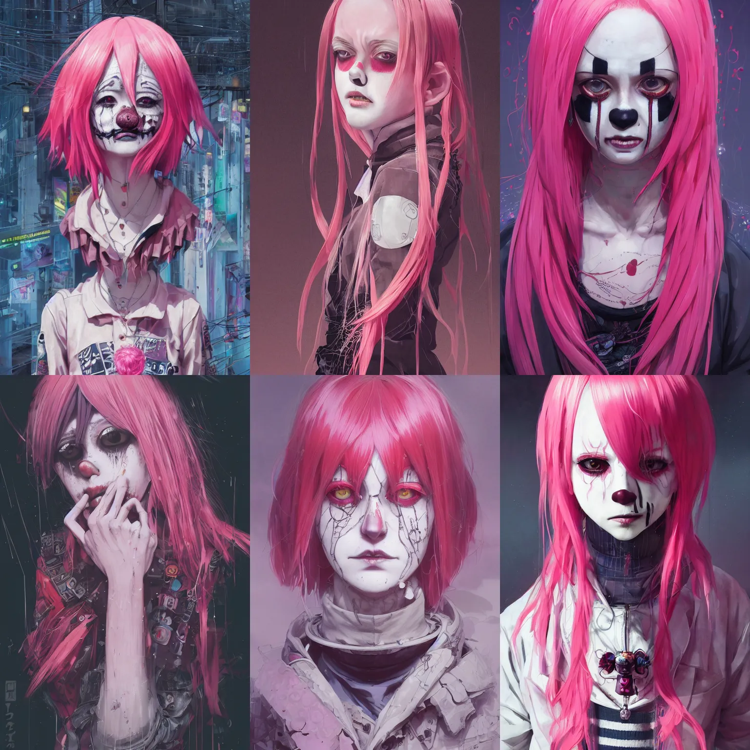 Image similar to by kyoto animation, very creepy clown girl pink hair, tears from the eyes, wearing cyberpunk intricate streetwear, beautiful, detailed portrait, intricate complexity, ilya kuvshinov, cell shaded, 4 k, concept art, by wlop, ilya kuvshinov, greg rutkowski, sharp focus, volumetric lighting, cinematic lighting