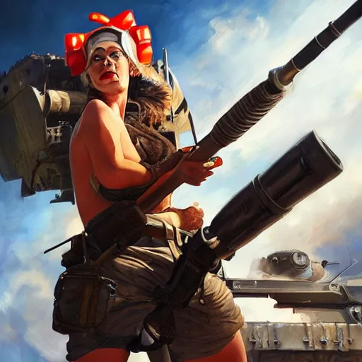 Prompt: tank girl, ultra highly detailed, fine art, action pose, wild eyes, big hammer, 4 k