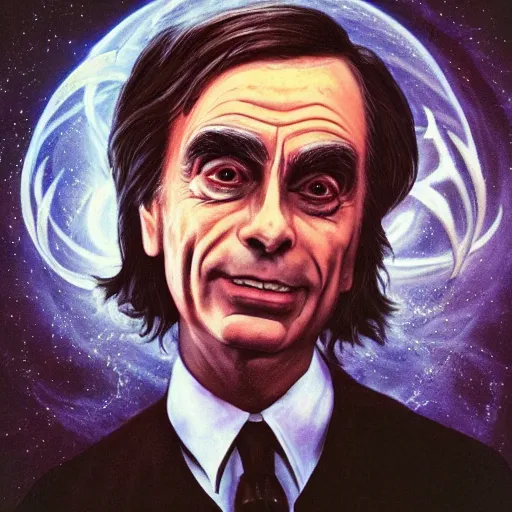 Prompt: Satanic Carl Sagan, Dark lord of Hell. Portrait. Evil personified. Occult. Tarot. Upside Down Pentgram. horns. flames. hyper realistic