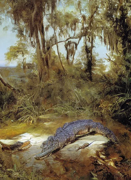 Prompt: artwork painting of florida alligators by eugene von guerard, ivan shishkin, john singer sargent