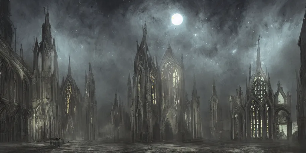 Prompt: Behind the tall and delicate gothic church at night, there is a huge delicate metal astrolabe in the moonlight, with ghosts floating in the foreground, scifi, interior, concept art, sharp focus, cinematic shot, crepuscular ray, digital art, steve argyle, light through the mist, dramatic lighting, photorealistic, cinematic lighting, high detail, cinematic feel, high octane, 4K, Unreal Engine, digital render, intricate, ultra realistic, by Dali, peter Mohrbacher, Davi Blight, Zdzislaw Beksinski