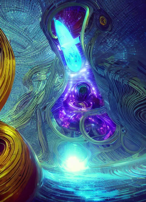 Prompt: the machine universe encounters a living cosmos inside an asymmetric orthogonal non - euclidean upside down inside out world with an infinite cosmic spiral waterfall of living information, inspired by android jones and blake foster, hyperrealistic, digital art, concept art, rendered in cinema 4 d, cryengine 4 k