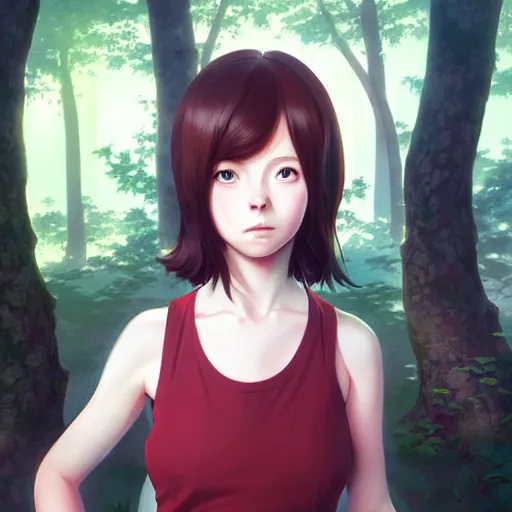 Image similar to realistic render of the girl character maple tree from bofuri by ross draws, forest background by ilya kuvshinov, digital anime art by ross tran, composition by sana takeda, lighting by greg rutkowski