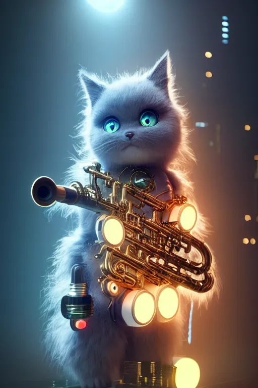 Image similar to high quality 3 d render very cute fluffy cyborg! cat plays saxophone, cyberpunk highly detailed, unreal engine cinematic smooth, in the style of blade runner & detective pikachu, hannah yata charlie immer, moody light, low angle, uhd 8 k, sharp focus