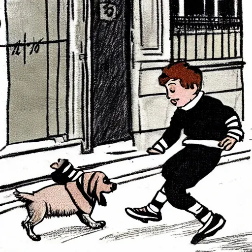 Image similar to illustration of french boy on the streets of paris playing football against a corgi, the dog is wearing a polka dot scarf, comic, 1 9 7 2