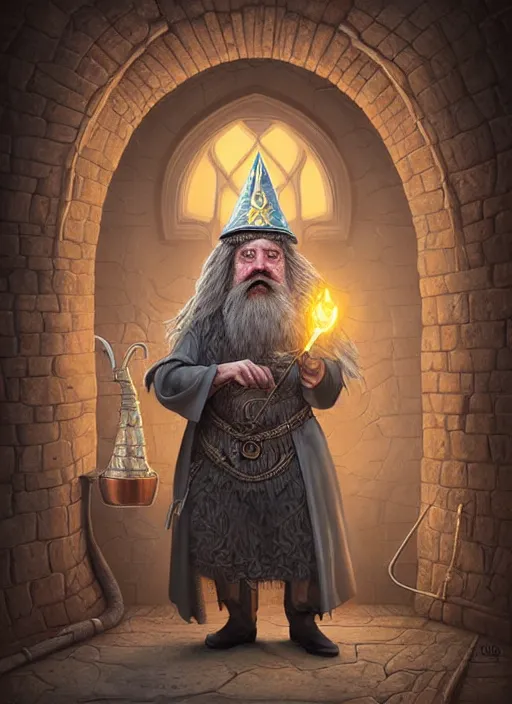 Image similar to highly detailed, hyper realistic wizard, funny, with a dungeon background by studio muti