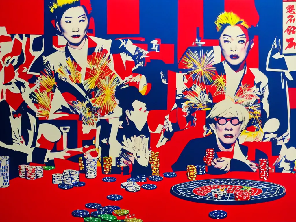 Prompt: hyper - realistic composition of a room with an extremely detailed poker table, croupier in traditional japanese kimono standing nearby fireworks in the background, pop art style, jackie tsai style, andy warhol style, acrylic on canvas