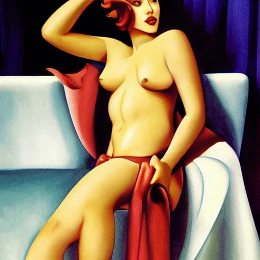 Prompt: Scarlett Johansson bathing, full body, in the style of Tamara de Lempicka