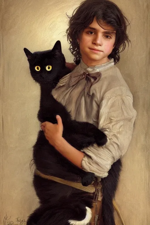 Prompt: museum painting, wide - shot, 1 0 years old spanish boy with long black messy hair, tied in tail, wearing clothes of 1 8 th century, holding a black cat, sharp focus, highly detailed, digital art, oil painting, masterpiece, by artgerm, by greg rutkowski, by mucha, by kinkade